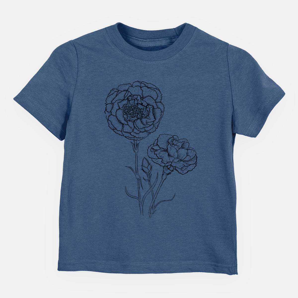Indigo blue toddler t-shirt laid flat, printed with a black ink line drawing of carnation flowers on stems.