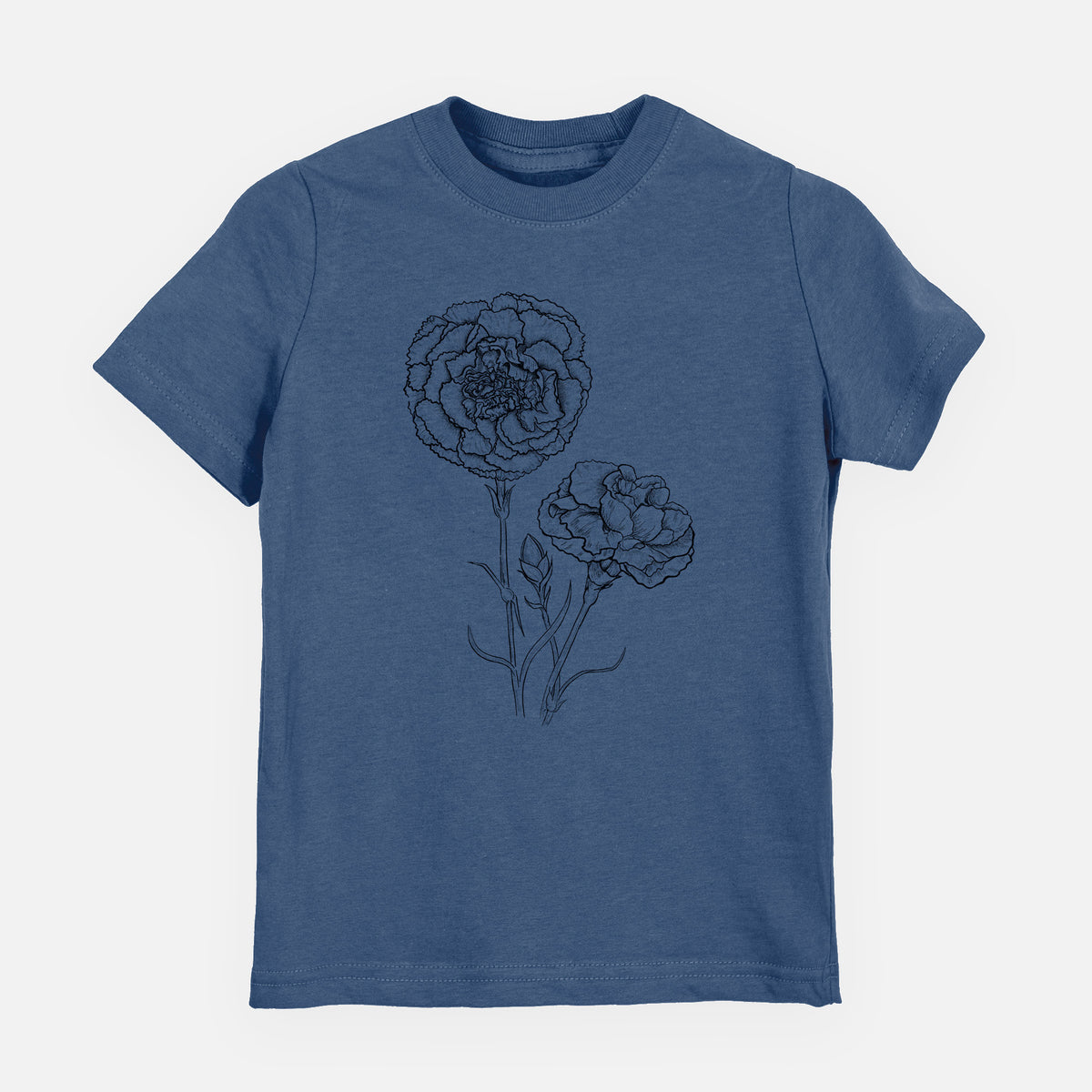 Indigo blue youth t-shirt laid flat, printed with a black ink line drawing of carnation flowers on stems.
