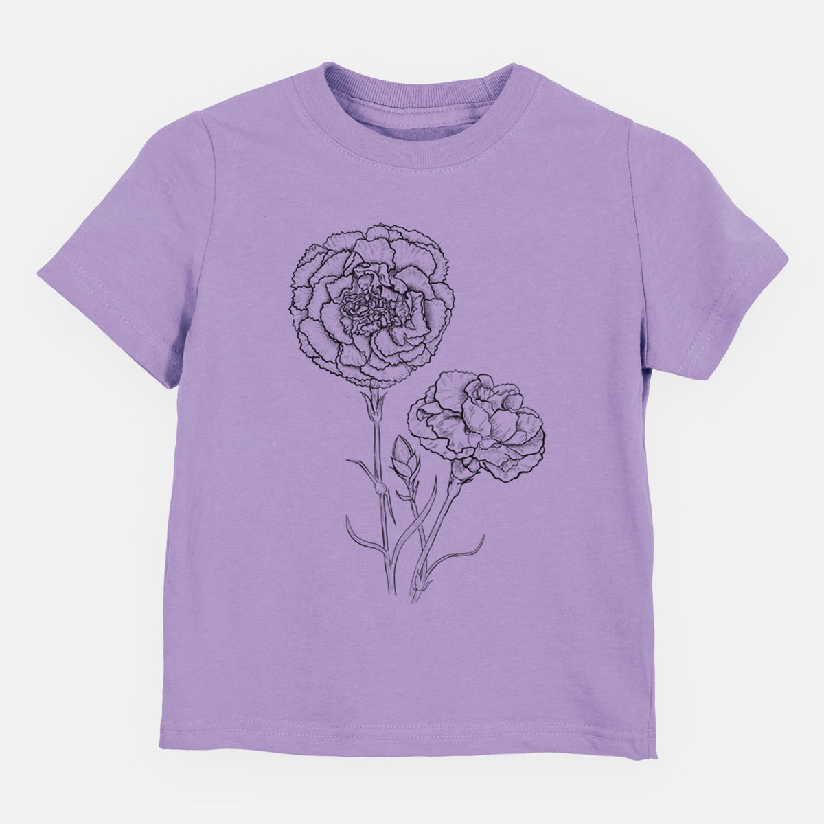Lavender toddler t-shirt laid flat, printed with a black ink line drawing of carnation flowers on stems.