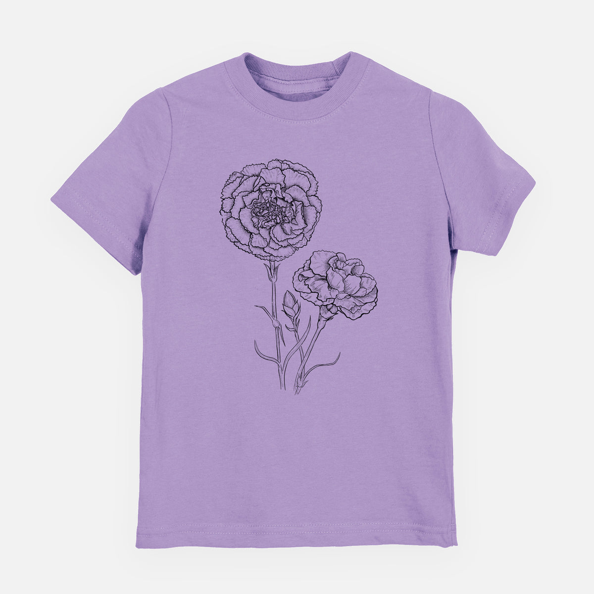 Lavender youth t-shirt laid flat, printed with a black ink line drawing of carnation flowers on stems.