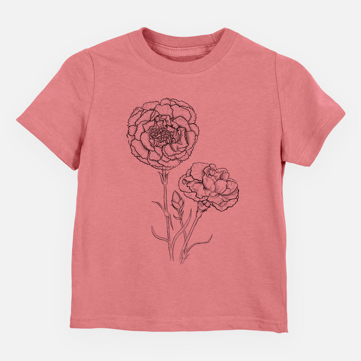 Mauve pink toddler t-shirt laid flat, printed with a black ink line drawing of carnation flowers on stems.