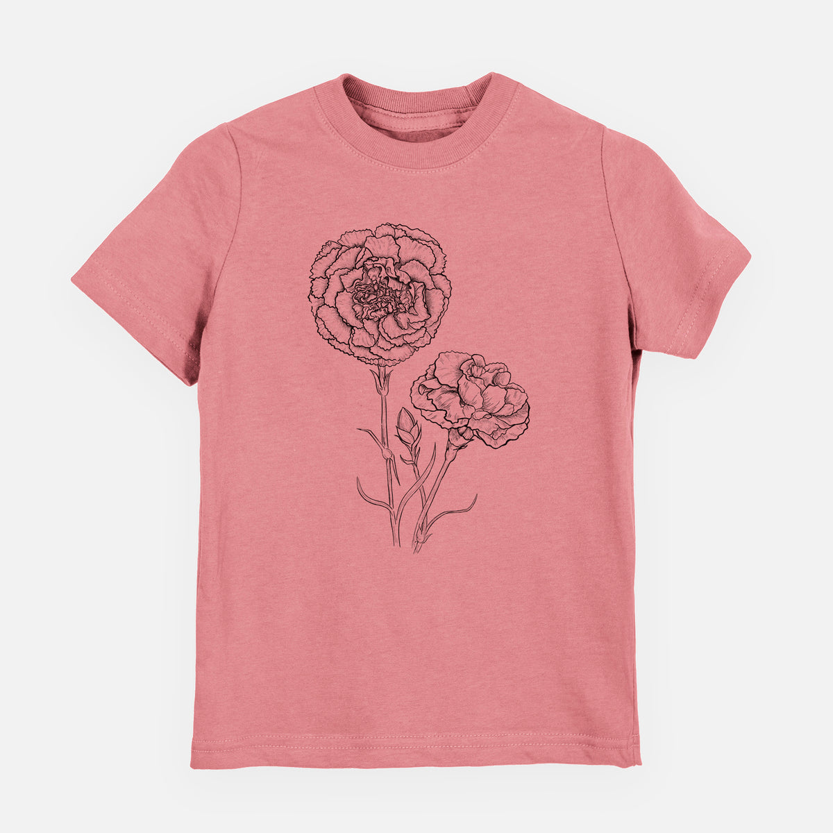 Mauve pink youth t-shirt laid flat, printed with a black ink line drawing of carnation flowers on stems.