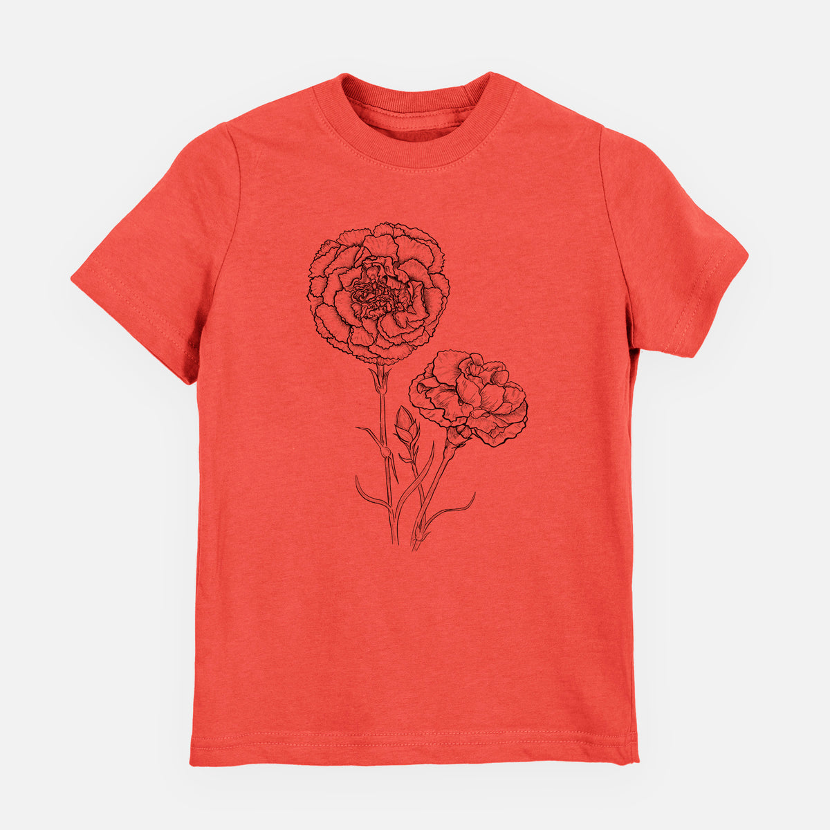 Passionfruit pink youth t-shirt laid flat, printed with a black ink line drawing of carnation flowers on stems.