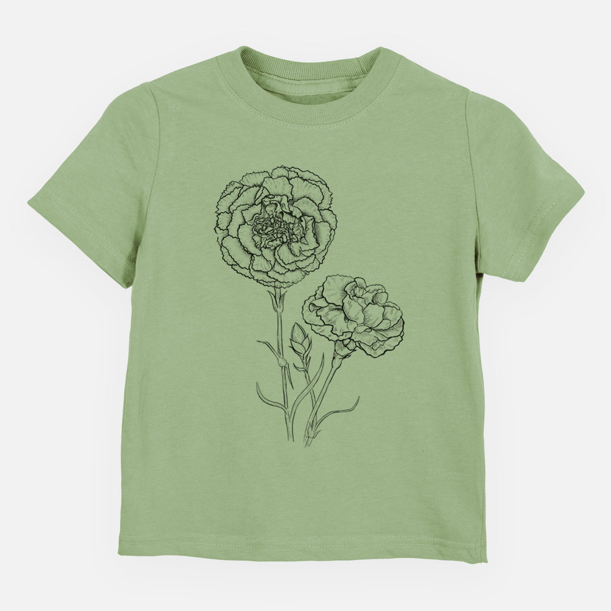 Sage green toddler t-shirt laid flat, printed with a black ink line drawing of carnation flowers on stems.