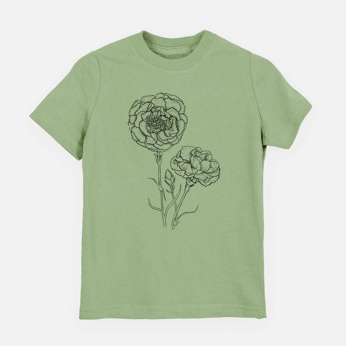 Sage green youth t-shirt laid flat, printed with a black ink line drawing of carnation flowers on stems.