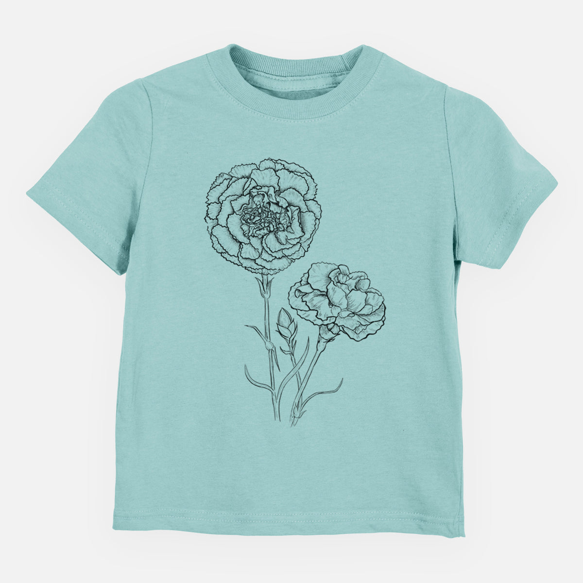 Saltwater toddler t-shirt laid flat, printed with a black ink line drawing of carnation flowers on stems.