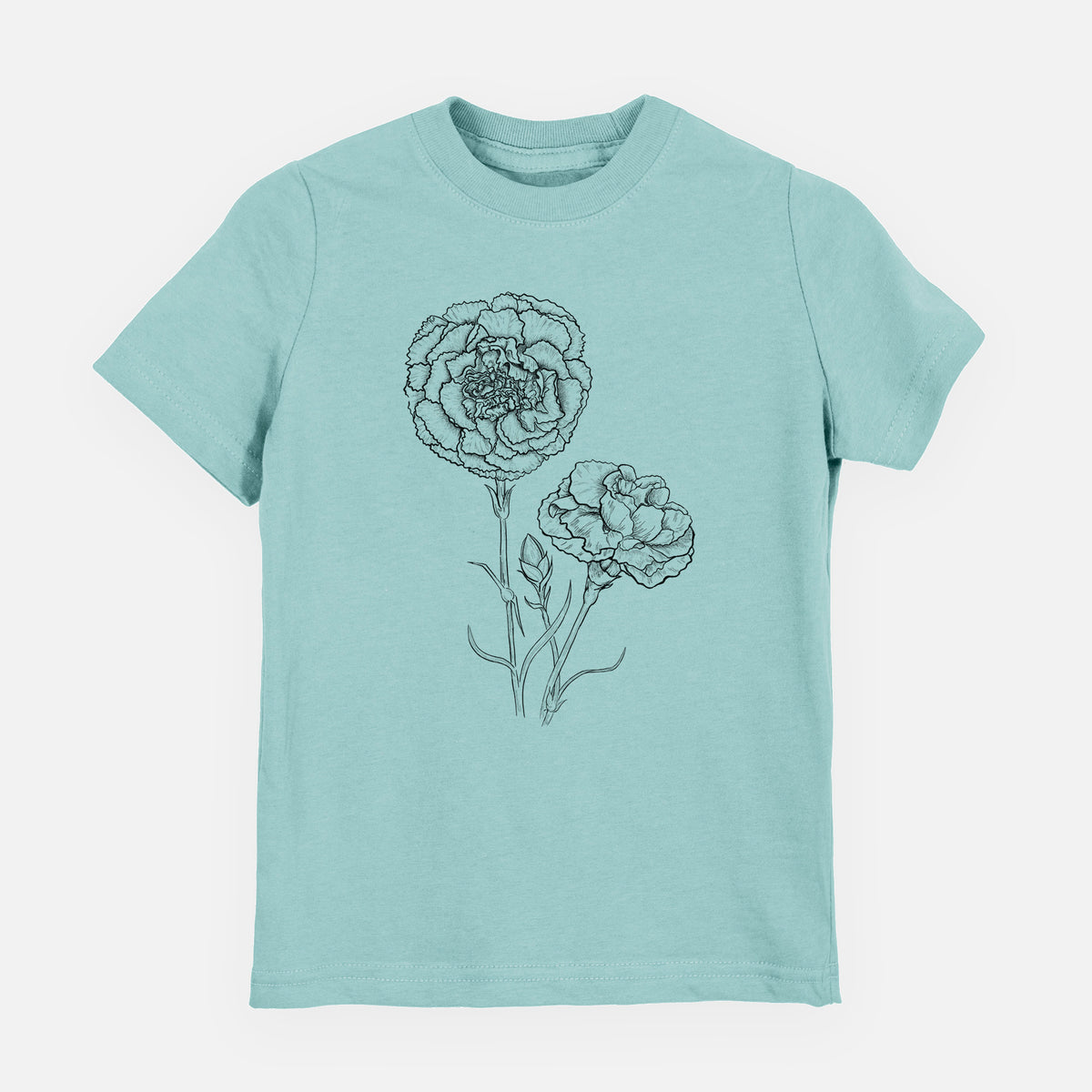 Saltwater youth t-shirt laid flat, printed with a black ink line drawing of carnation flowers on stems.