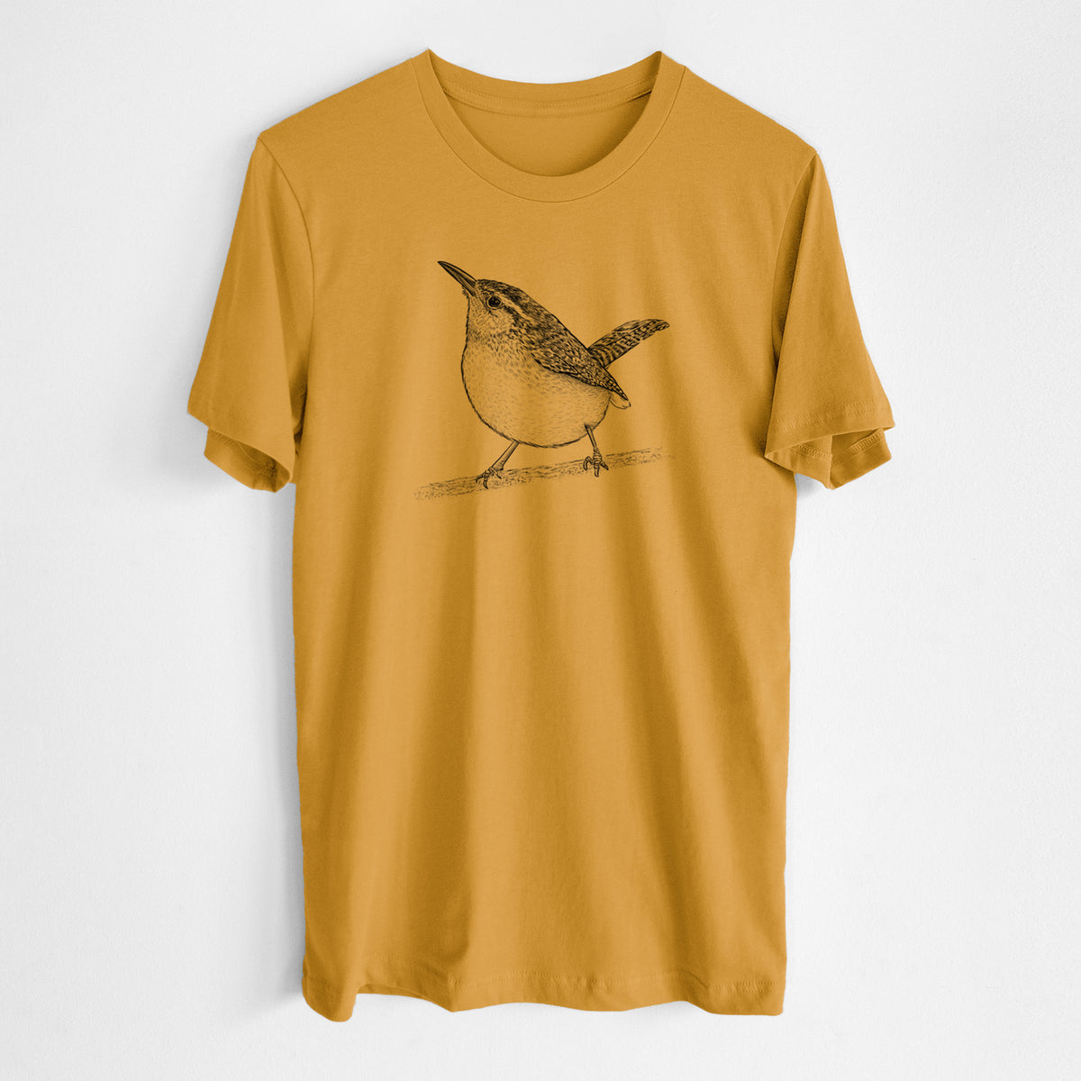 Honeycomb yellow lightweight cotton t-shirt laid flat, printed with a detailed black ink sketch of a Carolina wren perched on a branch with its tail raised.