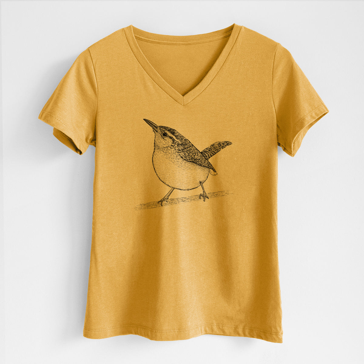 Honeycomb yellow women's relaxed fit cotton V-neck t-shirt laid flat, printed with a detailed black ink sketch of a Carolina wren perched on a branch with its tail raised.