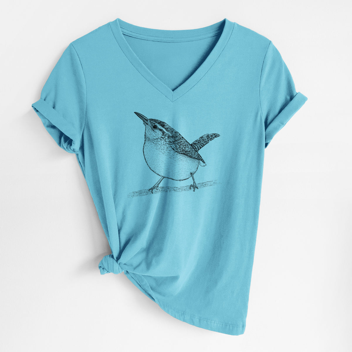 Turquoise women's relaxed fit cotton V-neck t-shirt laid flat, printed with a detailed black ink sketch of a Carolina wren perched on a branch with its tail raised.