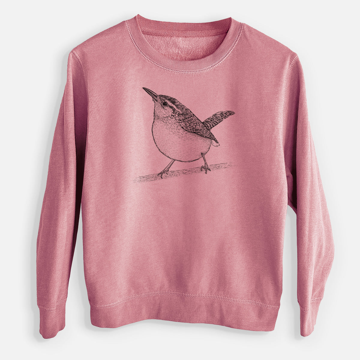 Mauve pink youth crewneck sweatshirt laid flat, printed with a detailed black ink sketch of a Carolina wren perched on a branch with its tail raised.