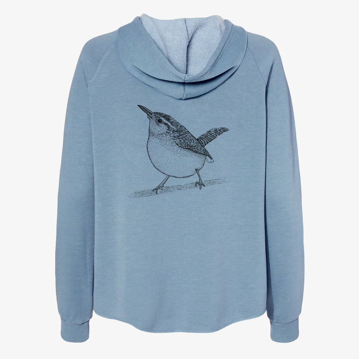 Misty blue women's Cali Wave zip-up sweatshirt laid flat, printed with a detailed black ink sketch of a Carolina wren perched on a branch with its tail raised.
