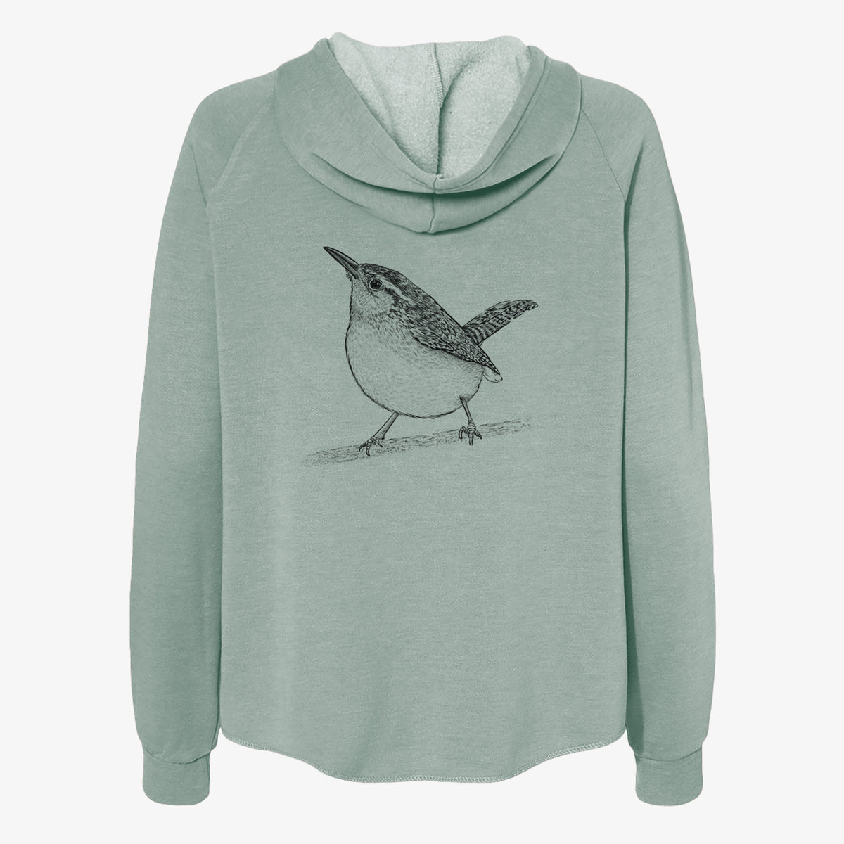 Sage green women's Cali Wave zip-up sweatshirt laid flat, printed with a detailed black ink sketch of a Carolina wren perched on a branch with its tail raised.