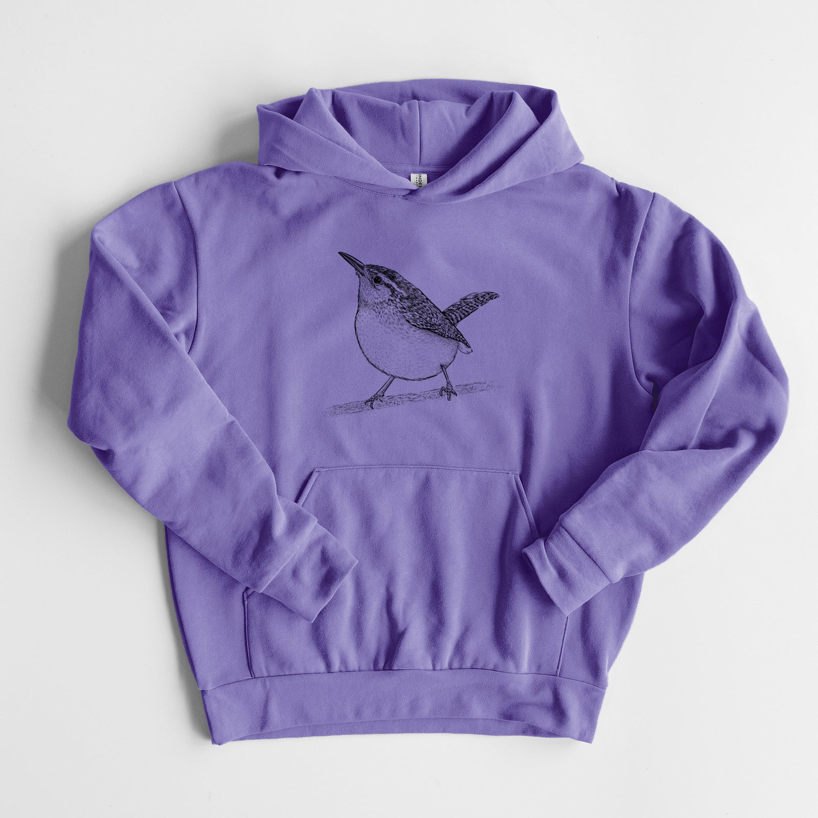 Carolina Wren - Thryothorus ludovicianus - Statement Midweight Hoodie in Violet, laid flat, showing the oversized boxy fit and front kangaroo pocket.