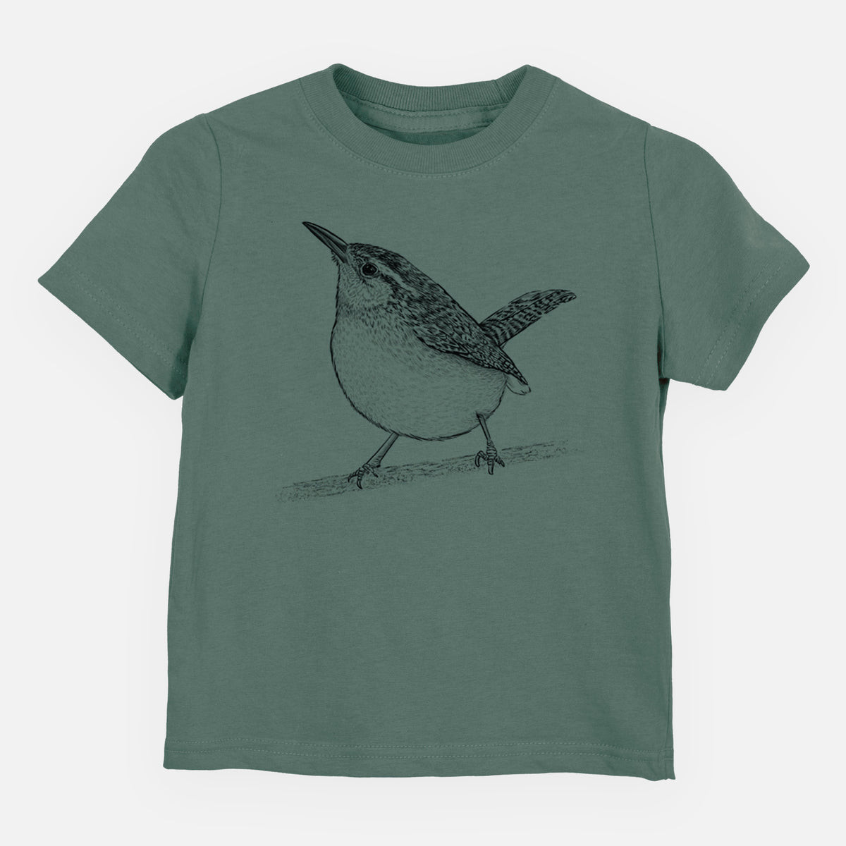 Basil green toddler t-shirt laid flat, printed with a detailed black ink sketch of a Carolina wren perched on a branch with its tail raised.