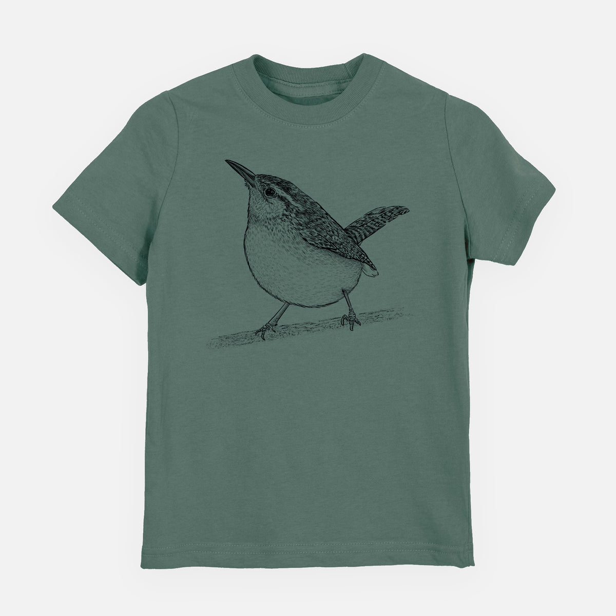 Basil green youth t-shirt laid flat, printed with a detailed black ink sketch of a Carolina wren perched on a branch with its tail raised.
