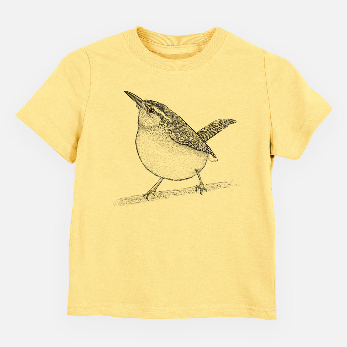Butter yellow toddler t-shirt laid flat, printed with a detailed black ink sketch of a Carolina wren perched on a branch with its tail raised.