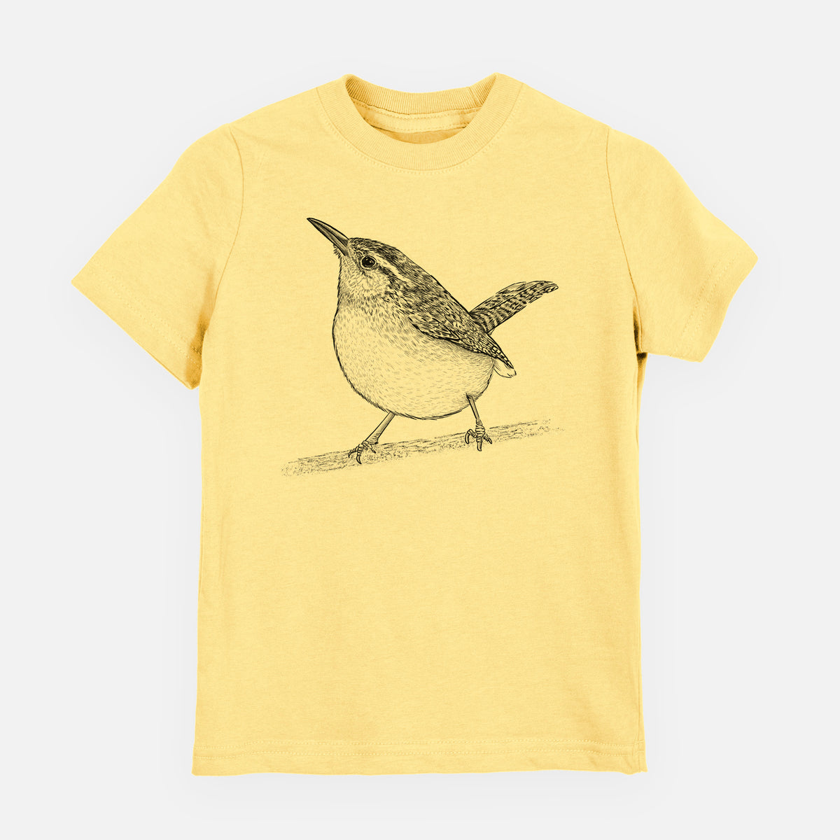 Butter yellow youth t-shirt laid flat, printed with a detailed black ink sketch of a Carolina wren perched on a branch with its tail raised.