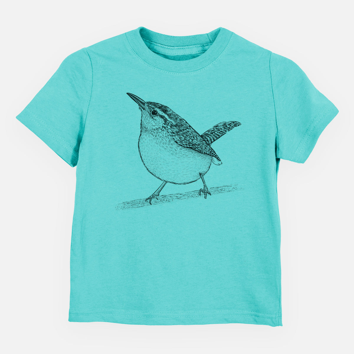Caribbean blue toddler t-shirt laid flat, printed with a detailed black ink sketch of a Carolina wren perched on a branch with its tail raised.
