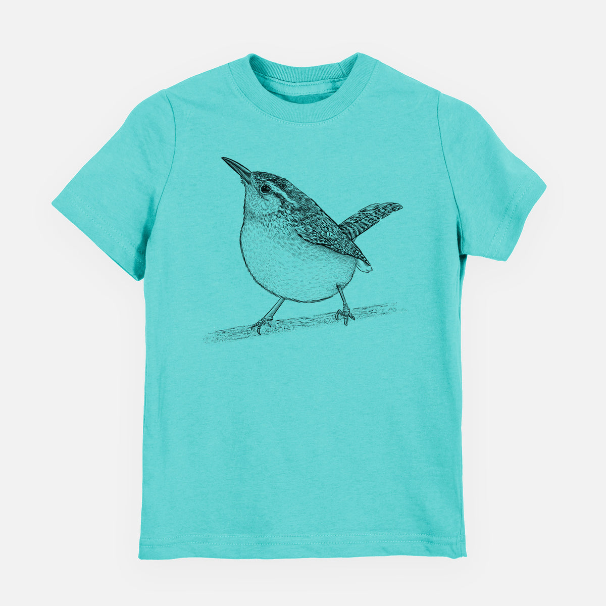 Caribbean blue youth t-shirt laid flat, printed with a detailed black ink sketch of a Carolina wren perched on a branch with its tail raised.