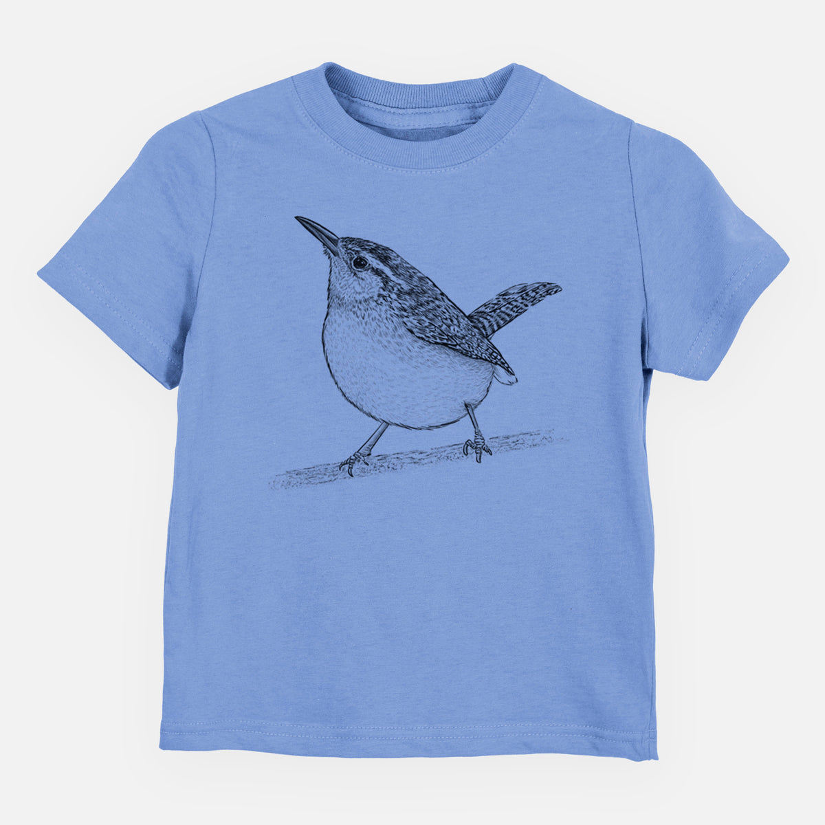 Carolina blue toddler t-shirt laid flat, printed with a detailed black ink sketch of a Carolina wren perched on a branch with its tail raised.