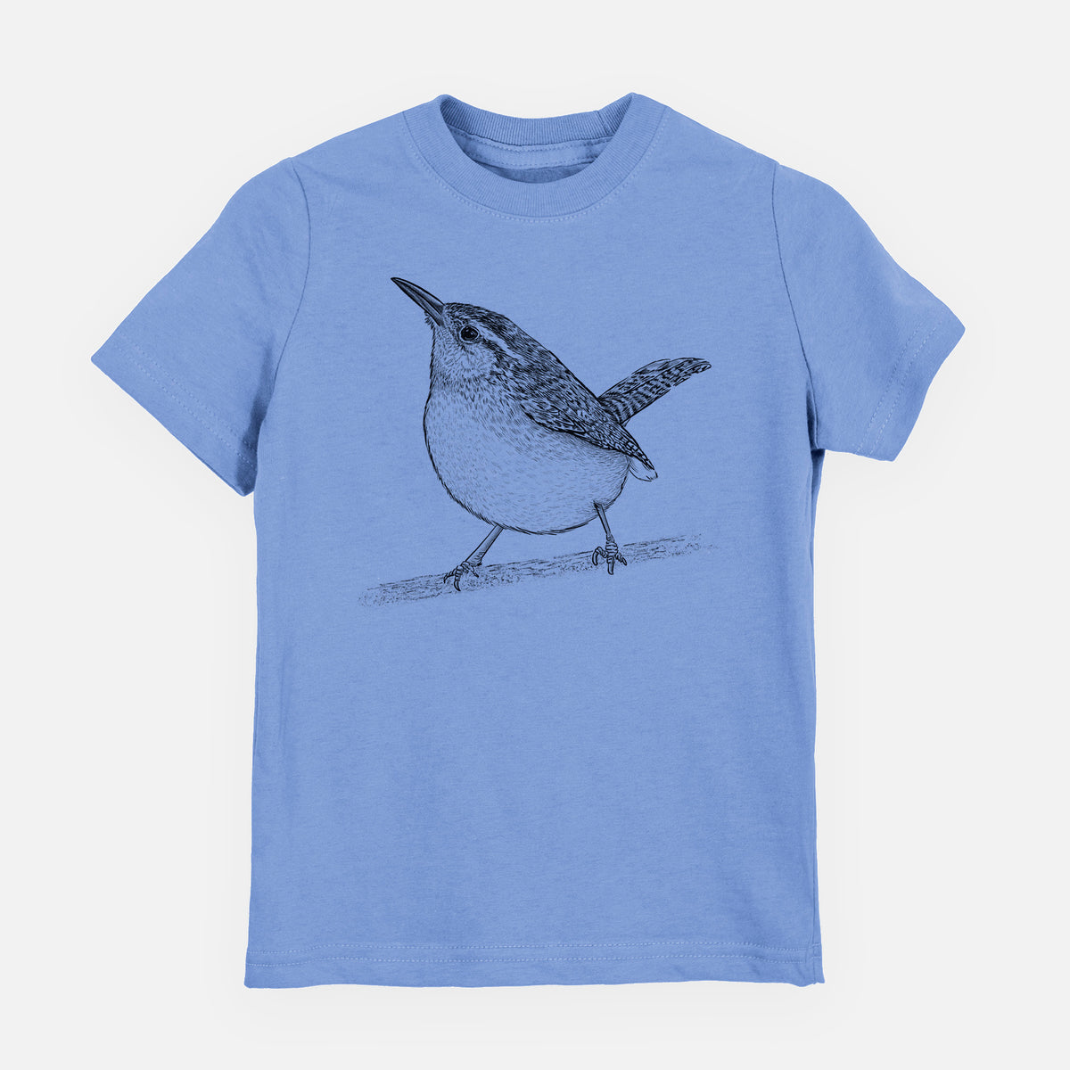 Carolina blue youth t-shirt laid flat, printed with a detailed black ink sketch of a Carolina wren perched on a branch with its tail raised.
