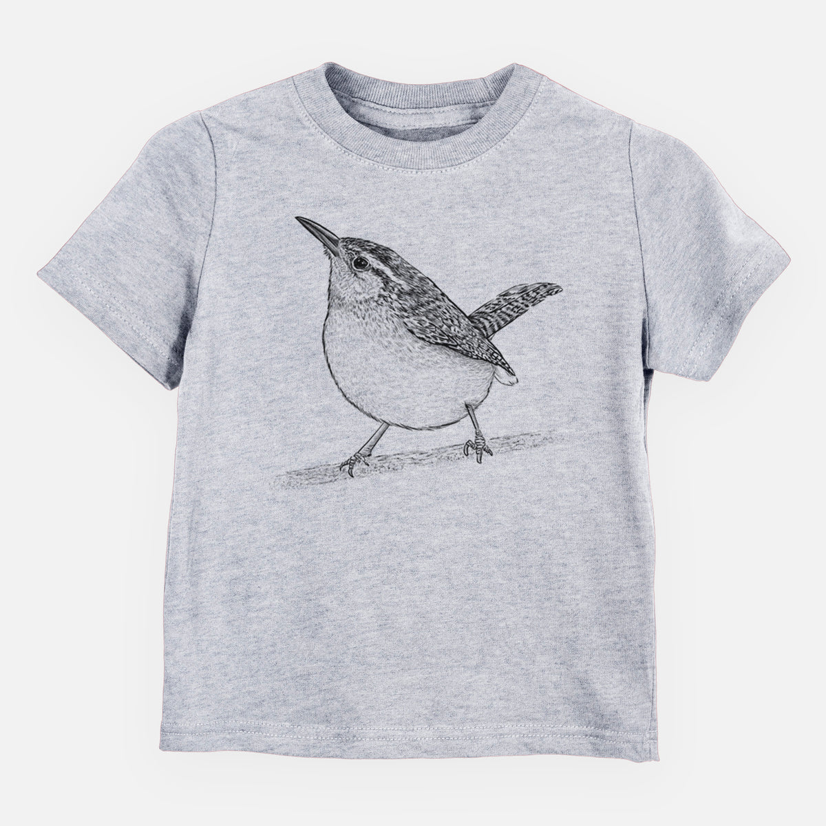 Heather grey toddler t-shirt laid flat, printed with a detailed black ink sketch of a Carolina wren perched on a branch with its tail raised.