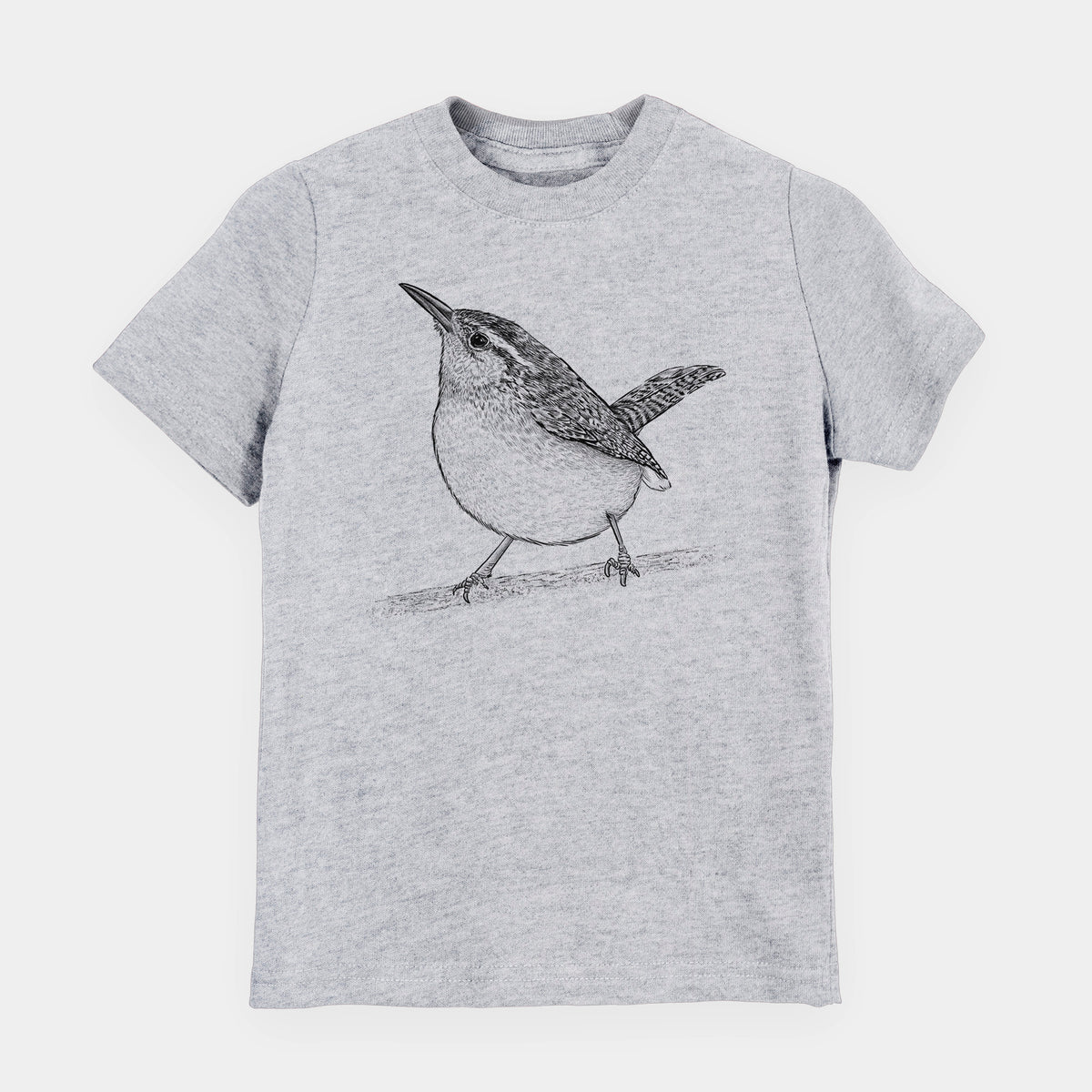 Heather grey youth t-shirt laid flat, printed with a detailed black ink sketch of a Carolina wren perched on a branch with its tail raised.