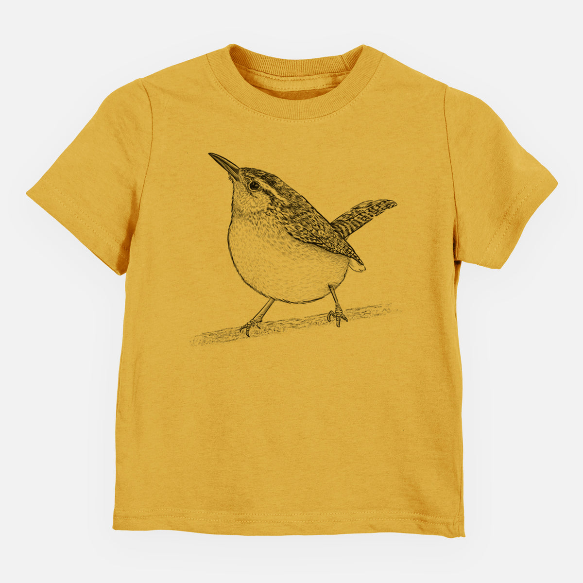 Honeycomb yellow toddler t-shirt laid flat, printed with a detailed black ink sketch of a Carolina wren perched on a branch with its tail raised.