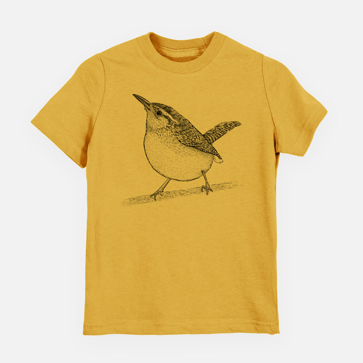 Honeycomb yellow youth t-shirt laid flat, printed with a detailed black ink sketch of a Carolina wren perched on a branch with its tail raised.