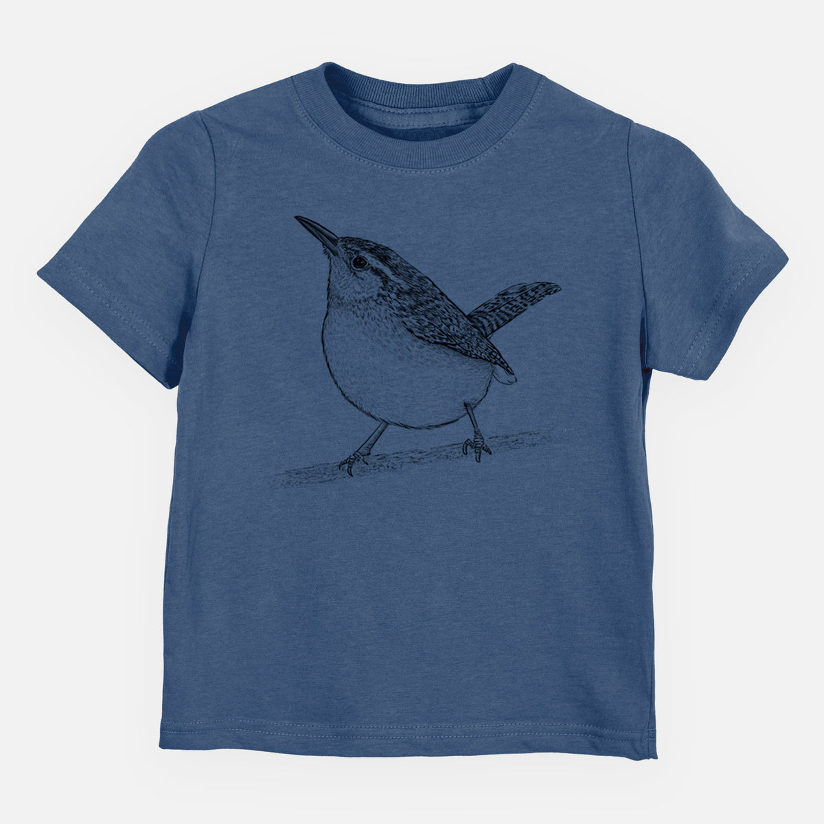 Indigo blue toddler t-shirt laid flat, printed with a detailed black ink sketch of a Carolina wren perched on a branch with its tail raised.