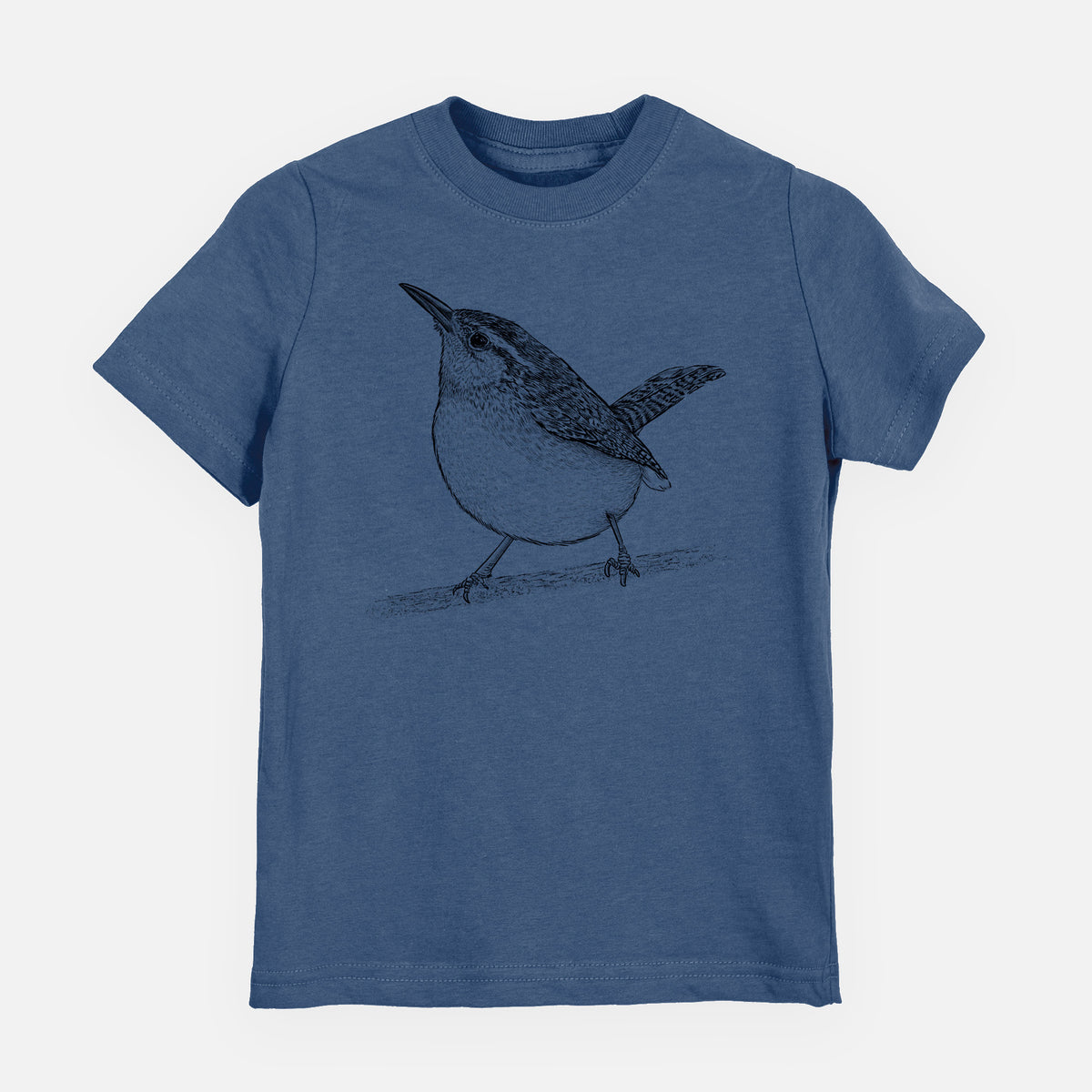Indigo blue youth t-shirt laid flat, printed with a detailed black ink sketch of a Carolina wren perched on a branch with its tail raised.