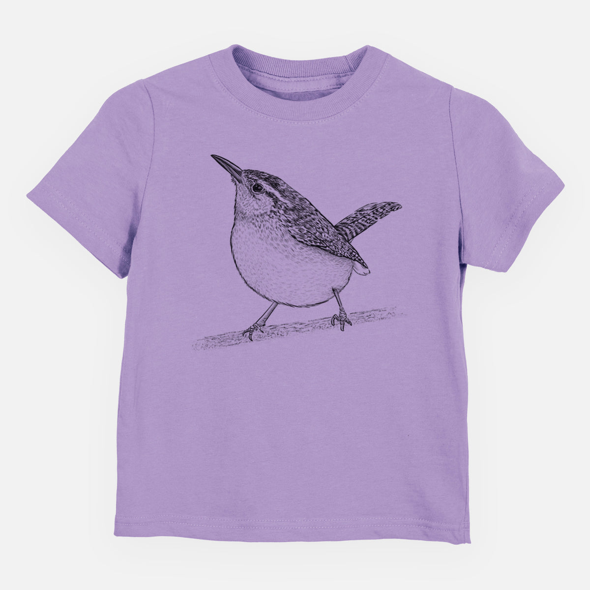 Lavender toddler t-shirt laid flat, printed with a detailed black ink sketch of a Carolina wren perched on a branch with its tail raised.
