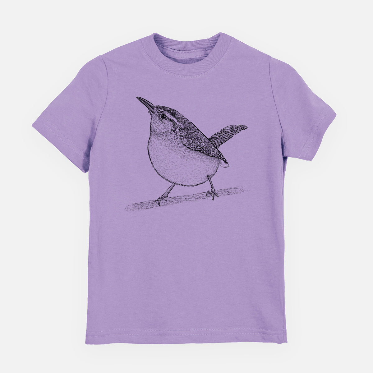Lavender youth t-shirt laid flat, printed with a detailed black ink sketch of a Carolina wren perched on a branch with its tail raised.