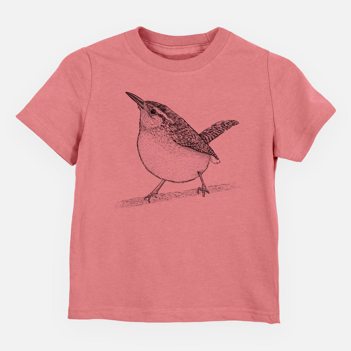 Mauve pink toddler t-shirt laid flat, printed with a detailed black ink sketch of a Carolina wren perched on a branch with its tail raised.