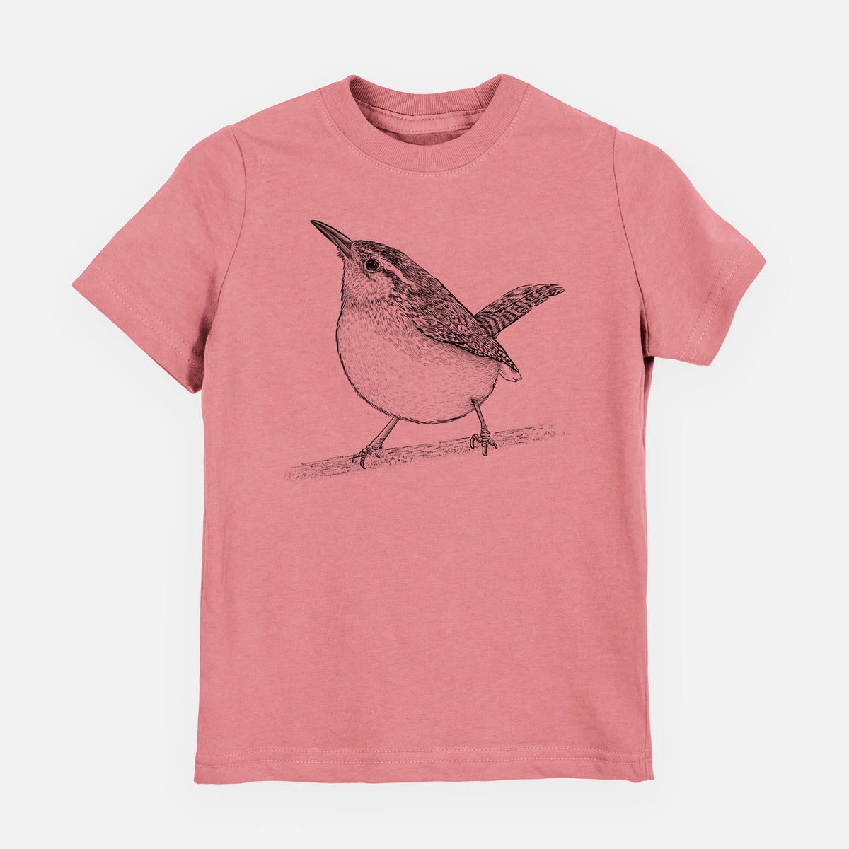 Mauve pink youth t-shirt laid flat, printed with a detailed black ink sketch of a Carolina wren perched on a branch with its tail raised.
