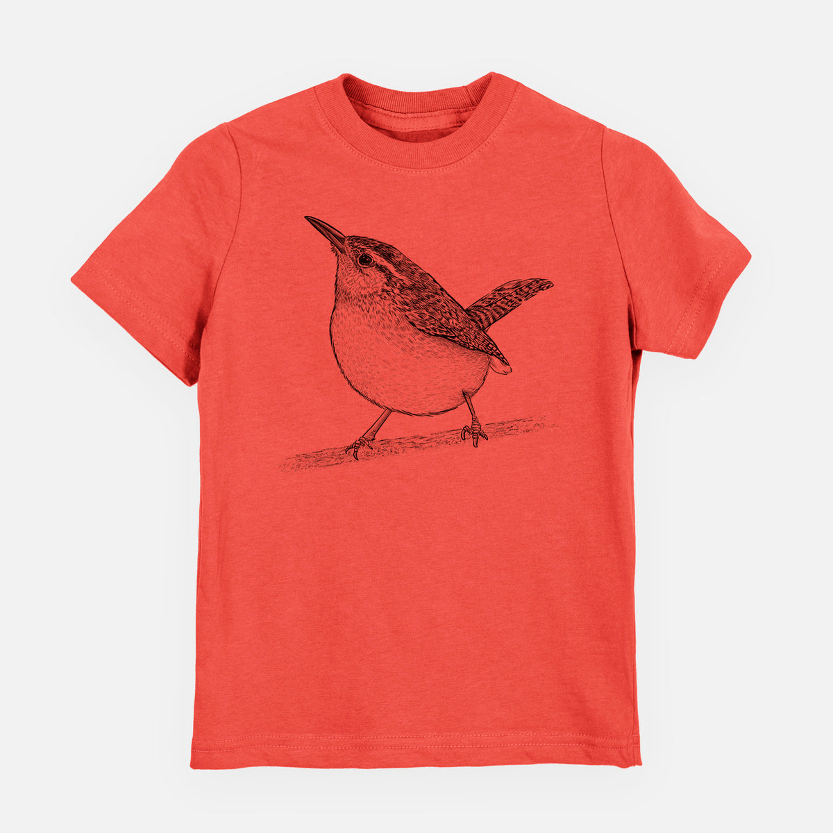Passionfruit pink youth t-shirt laid flat, printed with a detailed black ink sketch of a Carolina wren perched on a branch with its tail raised.