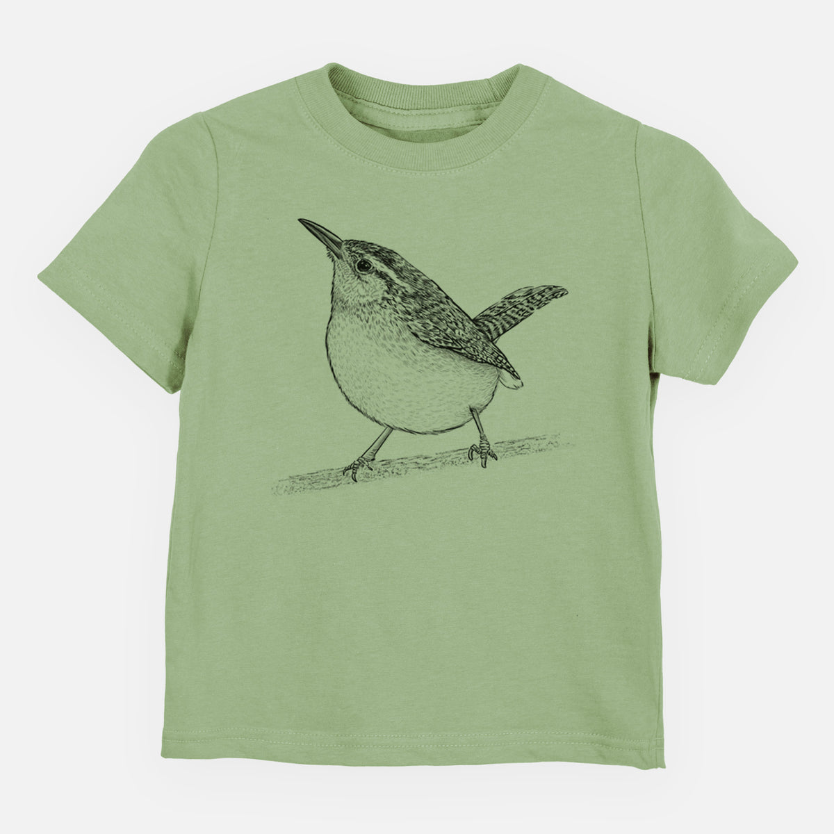 Sage green toddler t-shirt laid flat, printed with a detailed black ink sketch of a Carolina wren perched on a branch with its tail raised.