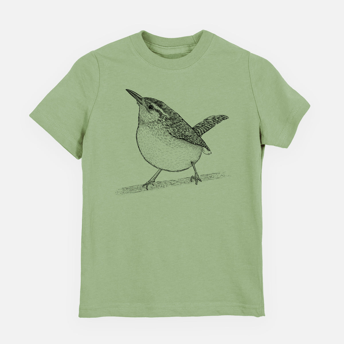 Sage green youth t-shirt laid flat, printed with a detailed black ink sketch of a Carolina wren perched on a branch with its tail raised.