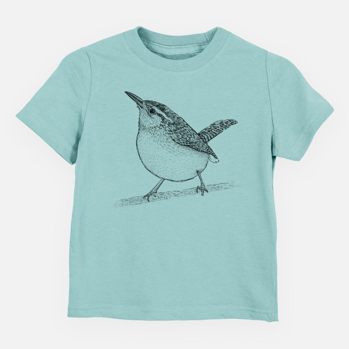 Saltwater toddler t-shirt laid flat, printed with a detailed black ink sketch of a Carolina wren perched on a branch with its tail raised.