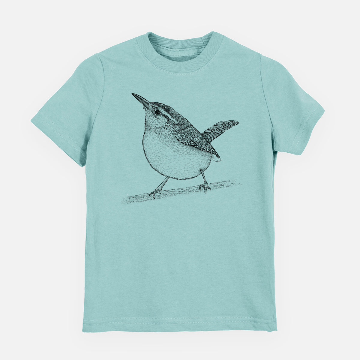 Saltwater youth t-shirt laid flat, printed with a detailed black ink sketch of a Carolina wren perched on a branch with its tail raised.