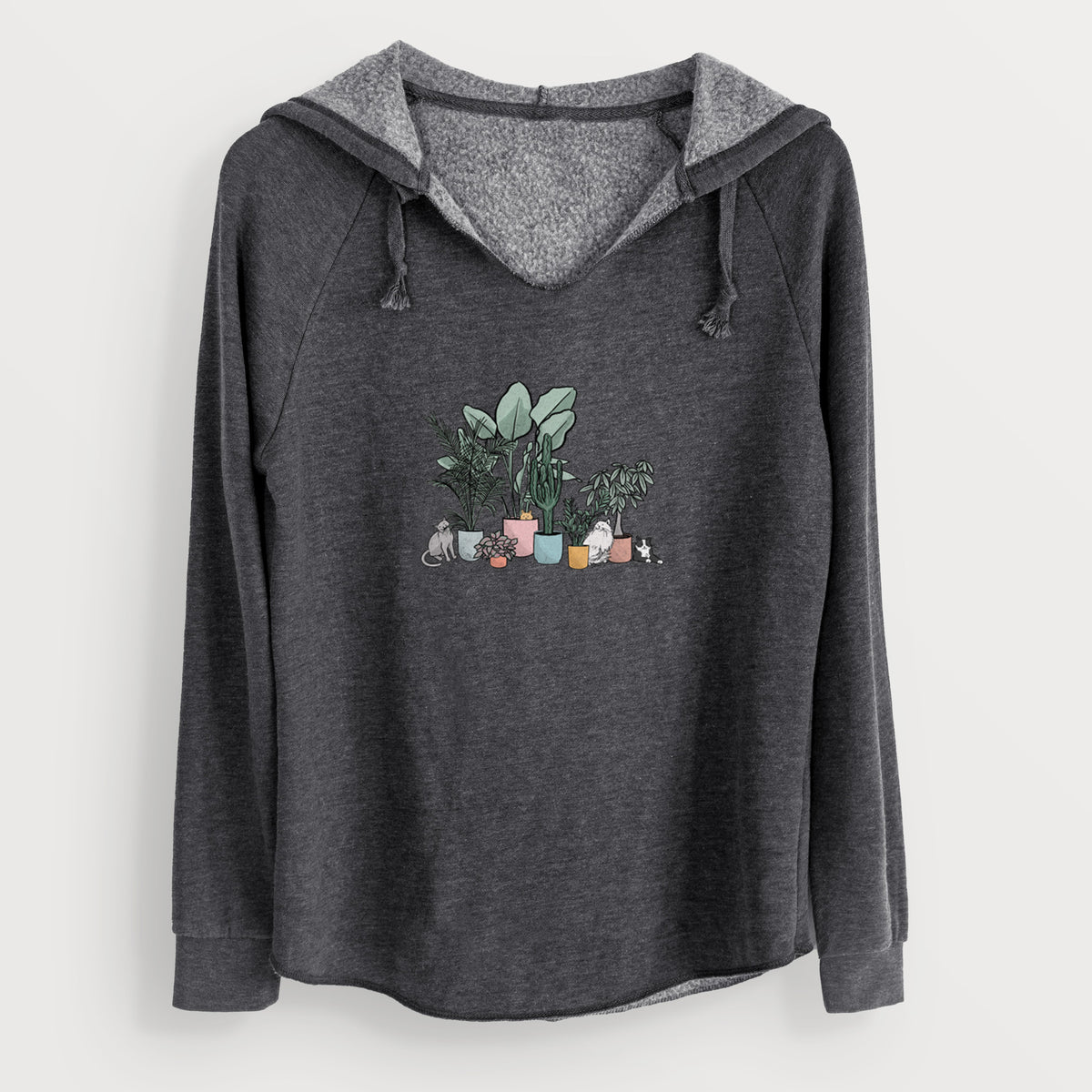 Charcoal grey women's Cali Wave hooded sweatshirt laid flat, printed with a full-color illustration of cats lounging among potted houseplants.