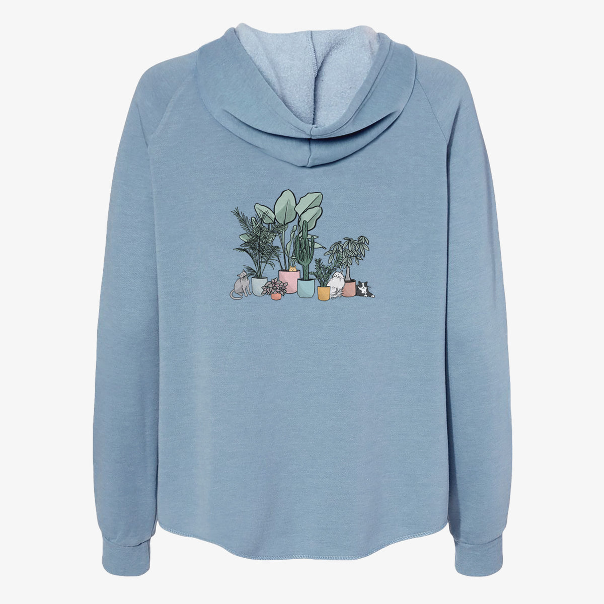 Misty blue women's Cali Wave zip-up sweatshirt laid flat, printed with a full-color illustration of cats lounging among potted houseplants.