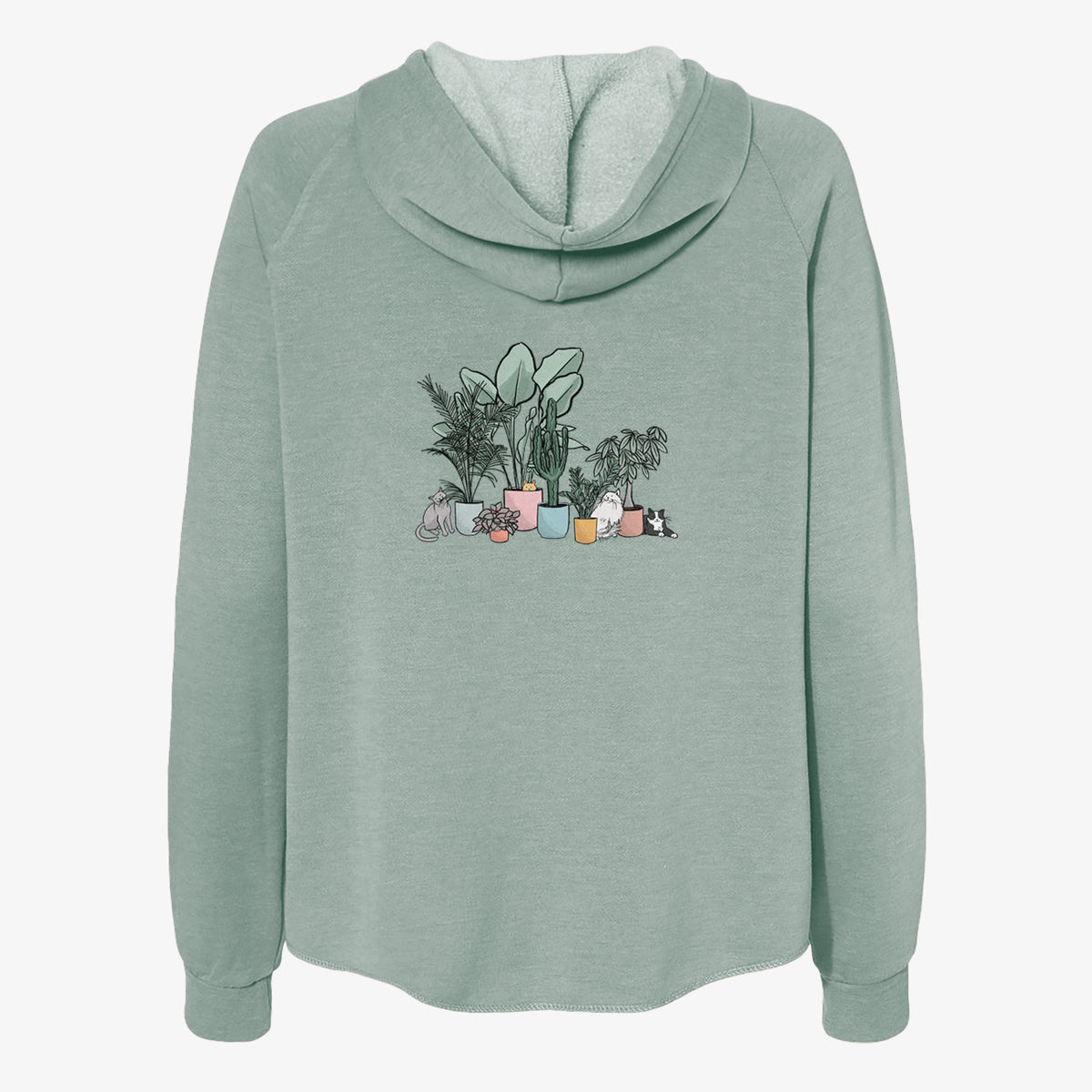Sage green women's Cali Wave zip-up sweatshirt laid flat, printed with a full-color illustration of cats lounging among potted houseplants.