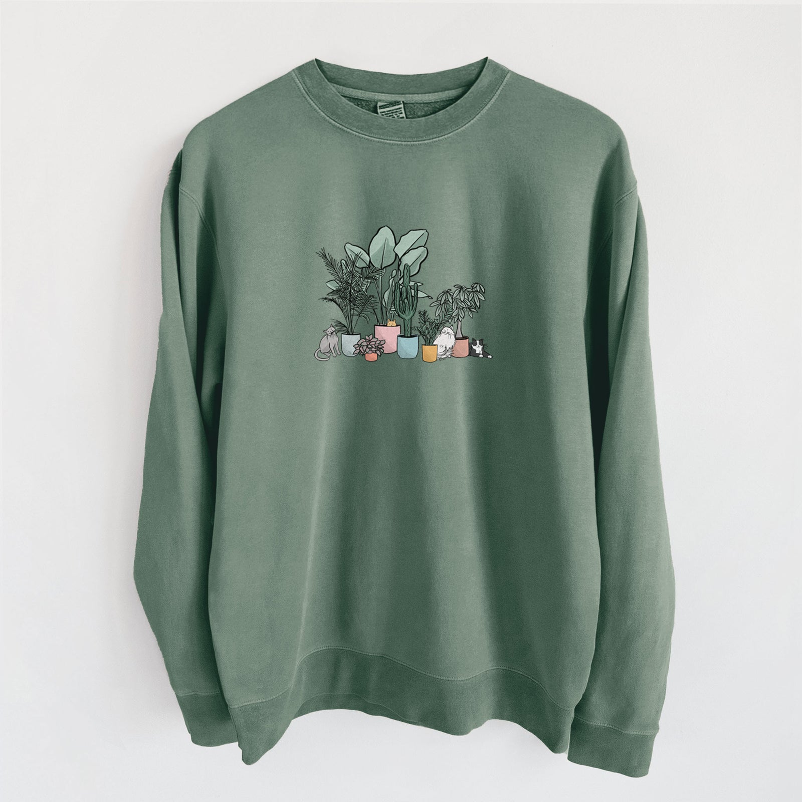 Cats and Plants - Unisex Pigment Dyed Crew Sweatshirt in Alpine Green