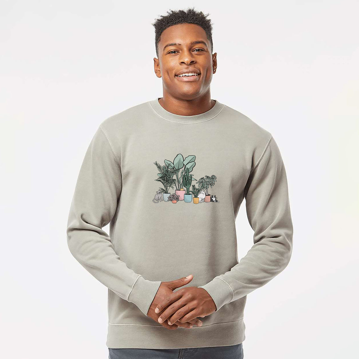 Cats and Plants - Unisex Pigment Dyed Crew Sweatshirt in Cement
