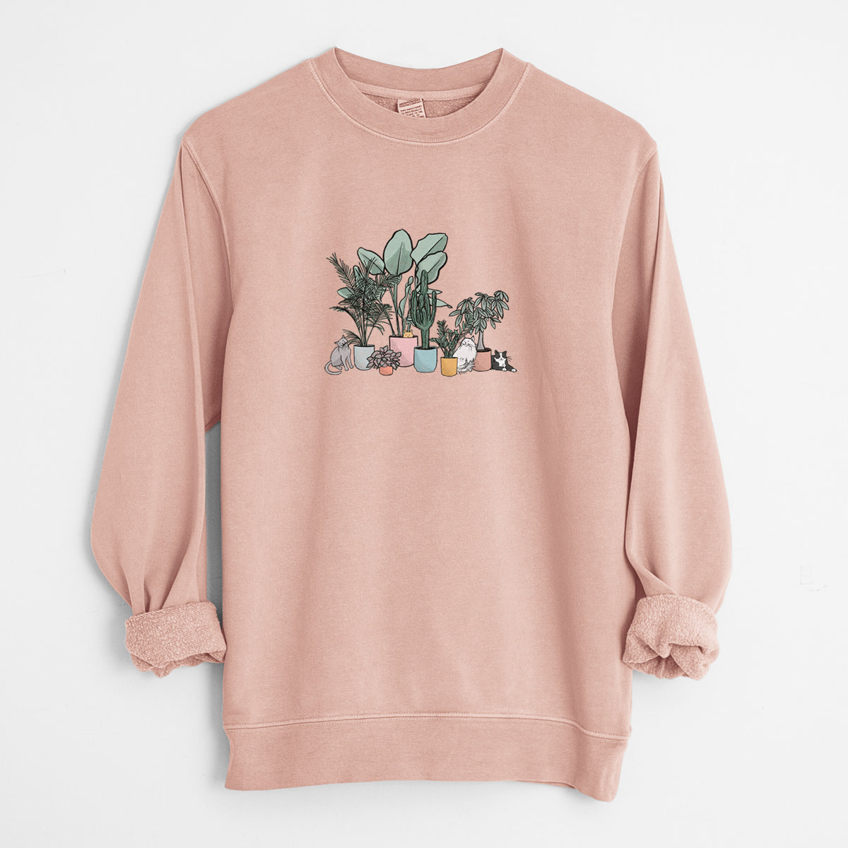 Cats and Plants - Unisex Pigment Dyed Crew Sweatshirt in Dusty Pink