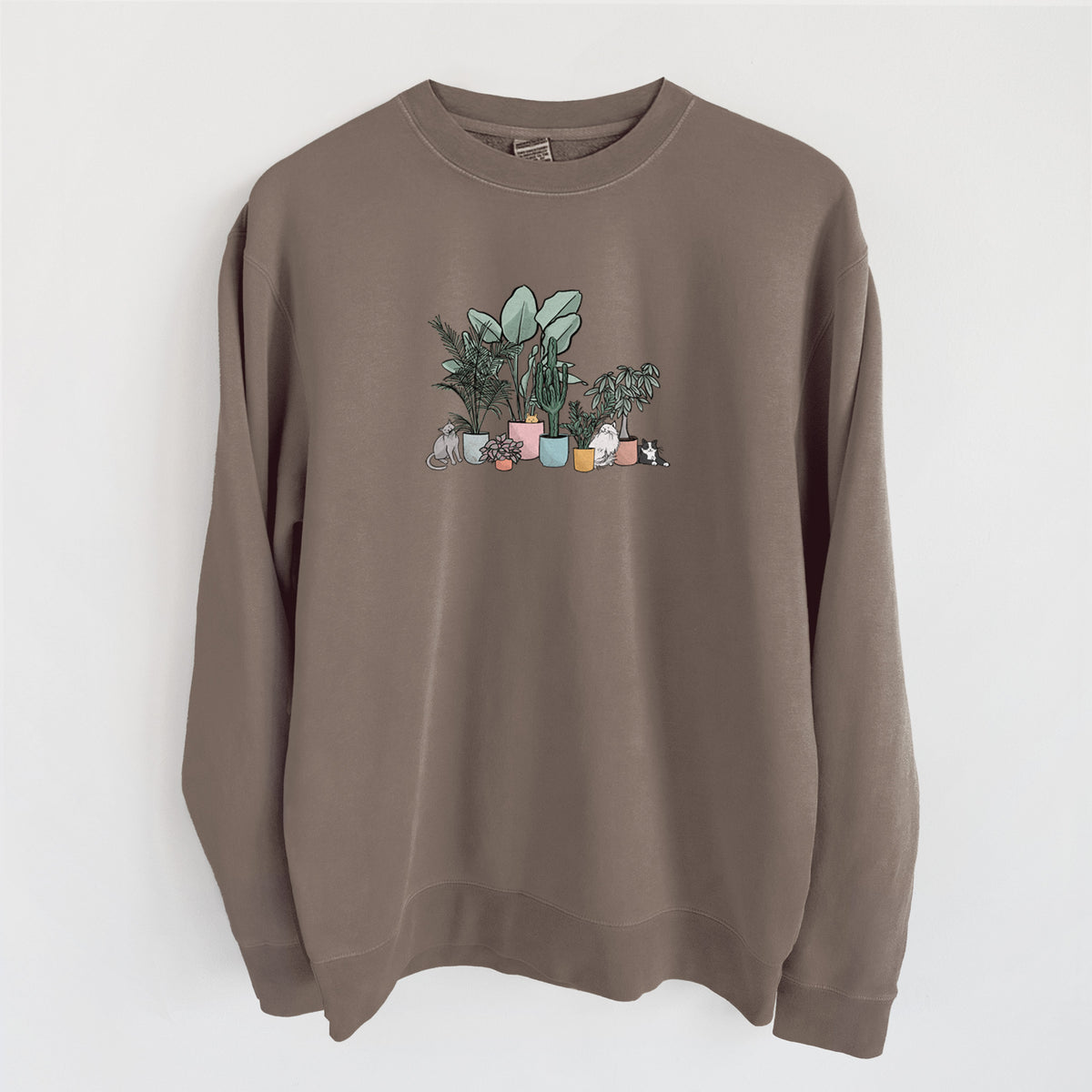 Cats and Plants - Unisex Pigment Dyed Crew Sweatshirt in Espresso