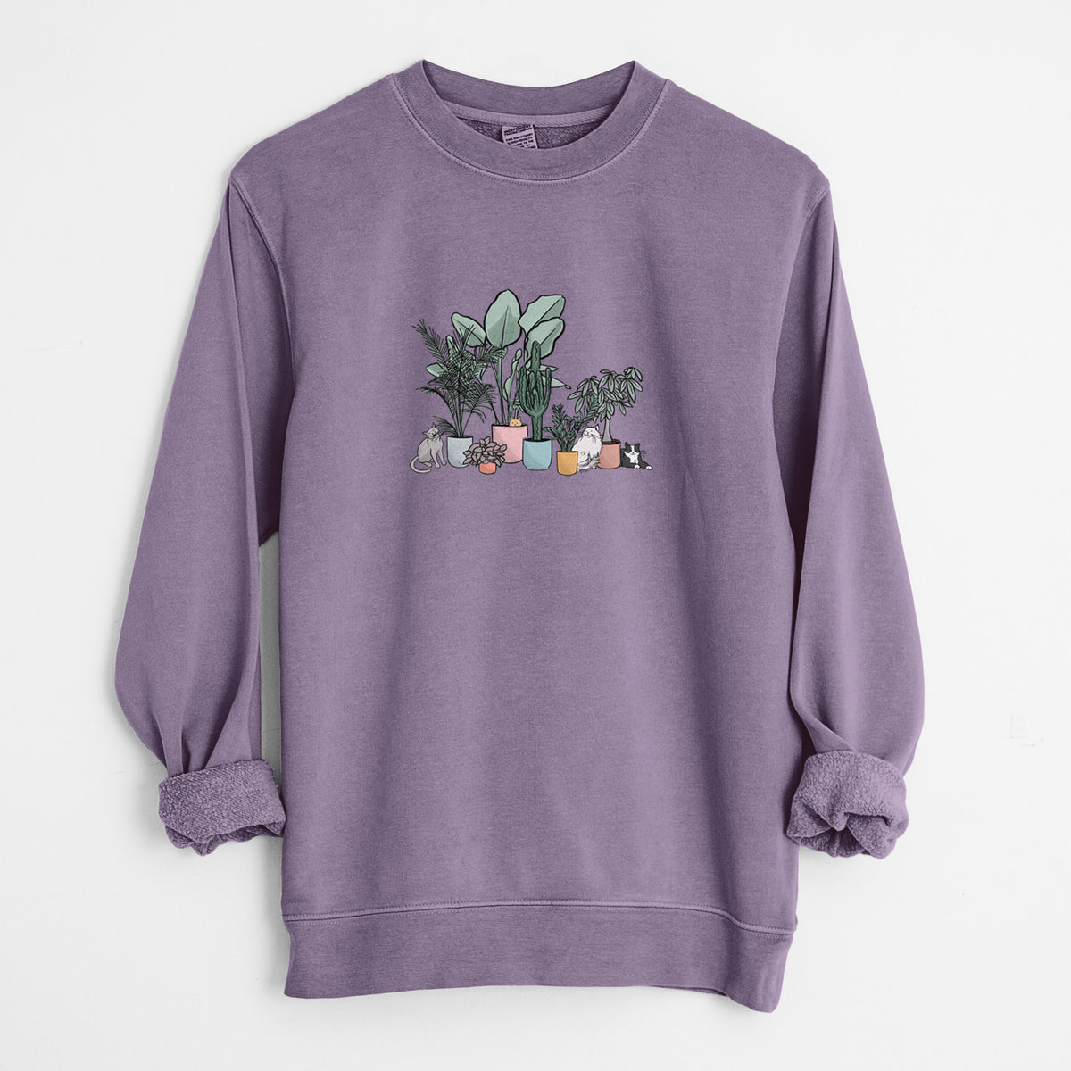 Cats and Plants - Unisex Pigment Dyed Crew Sweatshirt in Plum
