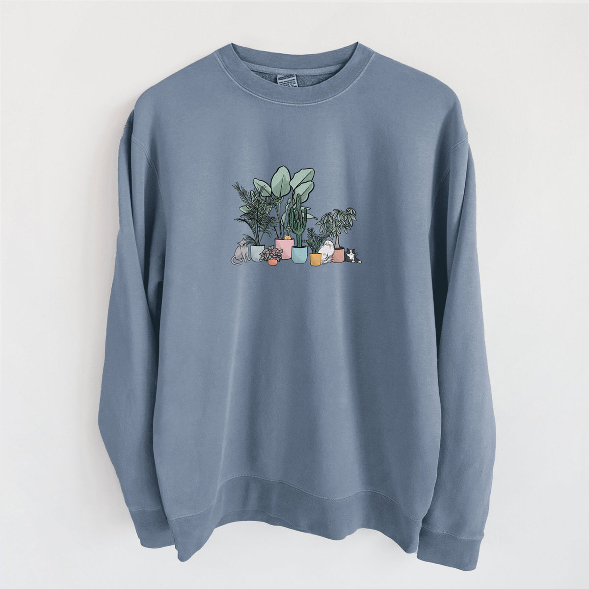 Cats and Plants - Unisex Pigment Dyed Crew Sweatshirt in Slate Blue